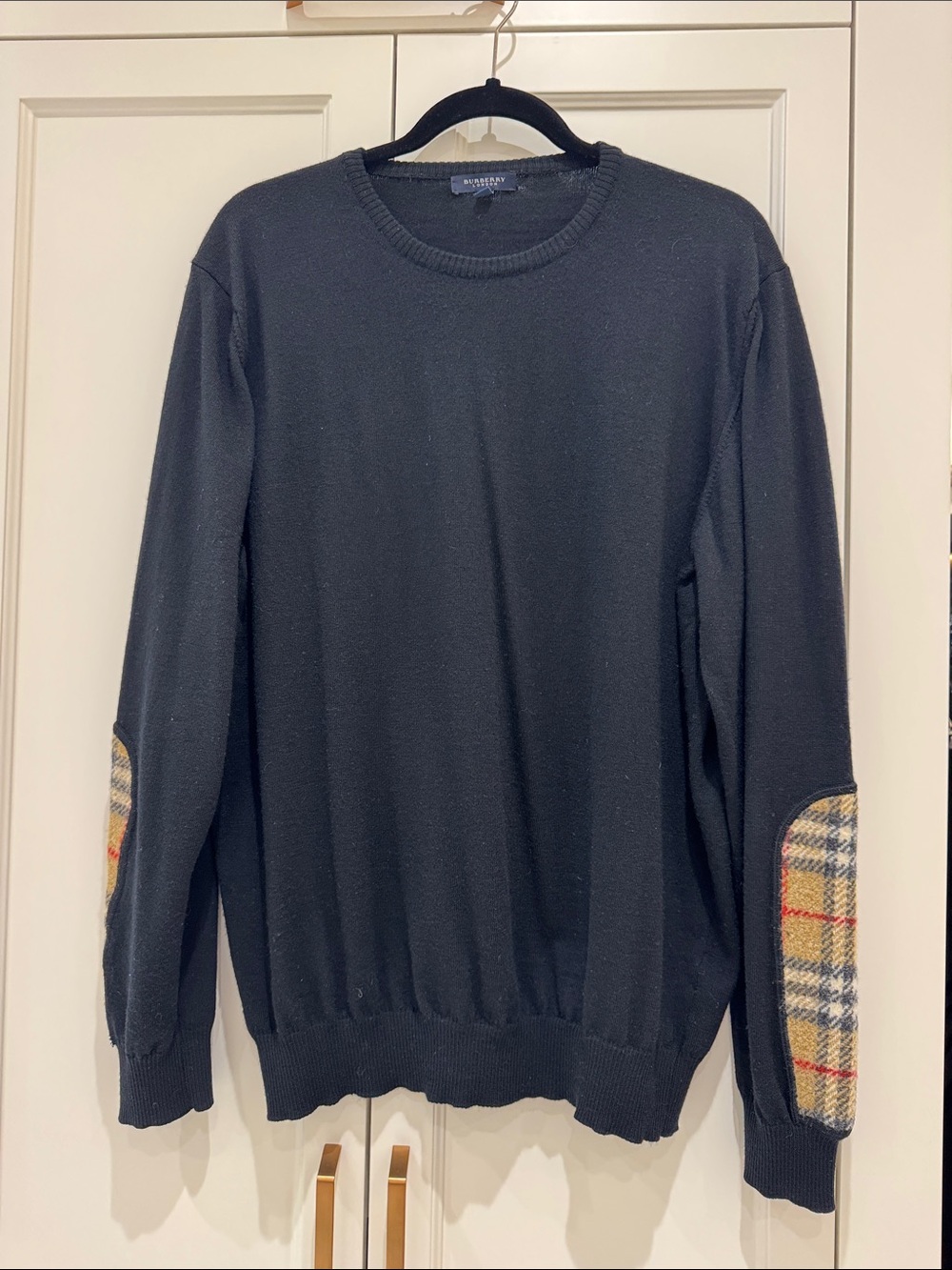 Burberry Men's Black Crewneck Sweater with Plaid Elbow Patches